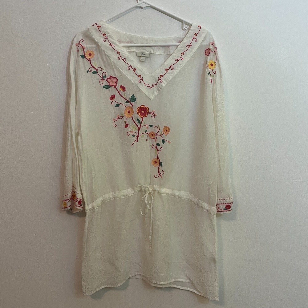 J Jill Small White Top Sheer Embroidered Beaded Floral Shirt Tunic Length Rayon